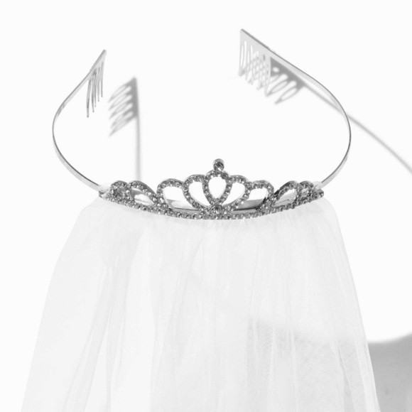 Claire’s Silver Tiara Headband with Faux Rhinestones Special Occasion White Veil - Picture 1 of 12